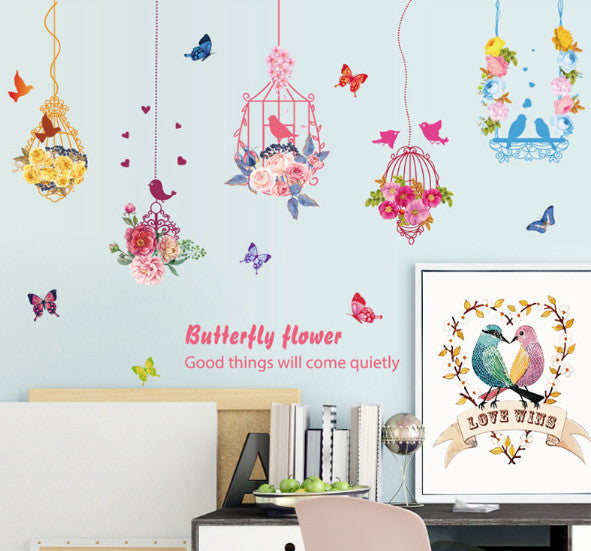 Pink flower, bird and butterfly hanging decal, 5 hanging strings included size 50x70 hm74003