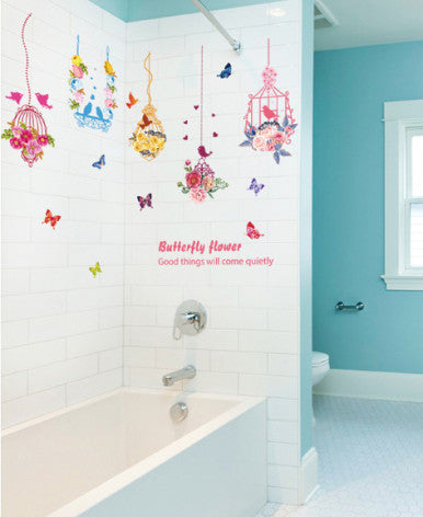 Pink flower, bird and butterfly hanging decal, 5 hanging strings included size 50x70 hm74003