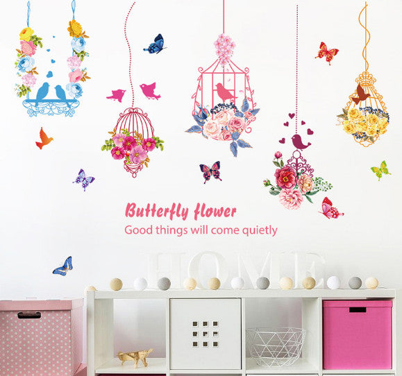 Pink flower, bird and butterfly hanging decal, 5 hanging strings included size 50x70 hm74003