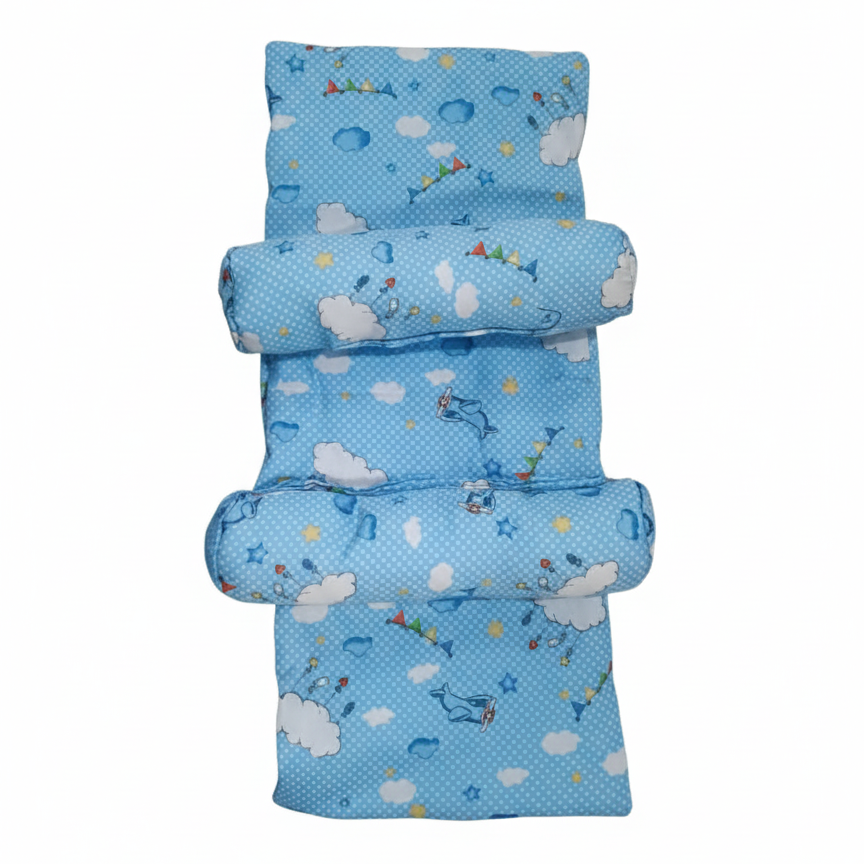 Sleep Support Set – Soft Cotton Quilted Mattress with Dual Side-Positioning Bolster Pillows | Sky Blue Cloud & Aviation Theme
