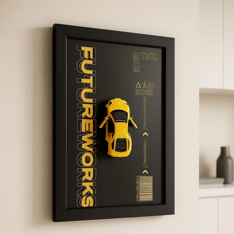 Metal Car Wall Frame – 3D Yellow Sports Car Decorative Wall Art, Modern Black Frame, Stylish Home & Office Wall Decor (8 x 12 Inches)