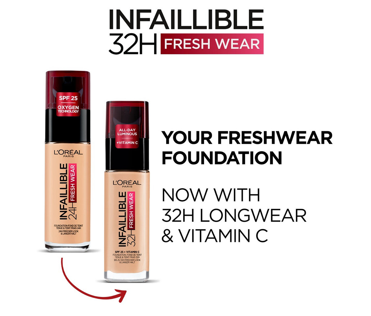 L'Oréal Paris Infallible 32H Fresh Wear Foundation, Full-coverage, Longwear, Weightless Smooth Finish, Water-proof and Transfer-proof, with Vitamin C 30ml - Natural