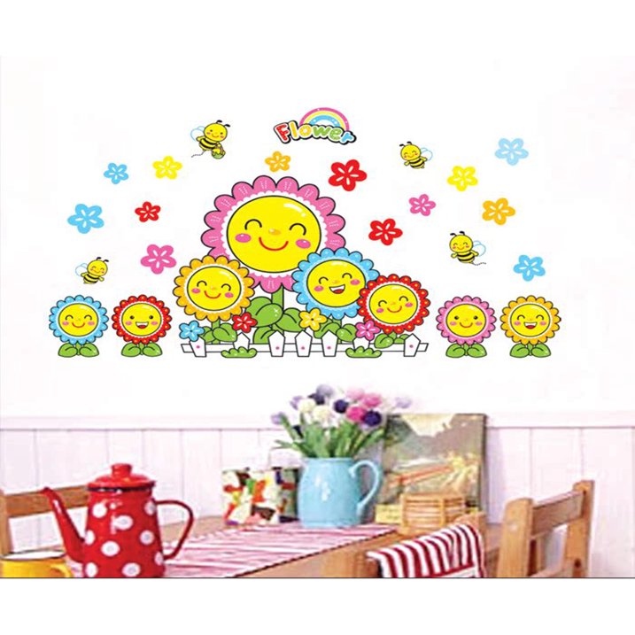 Radiant Sunflower Smiles Decal - Brighten Kids' Spaces with Joyful, Smiling Flowers PVC Wall Art for Home Decor size 50x70  dm570009