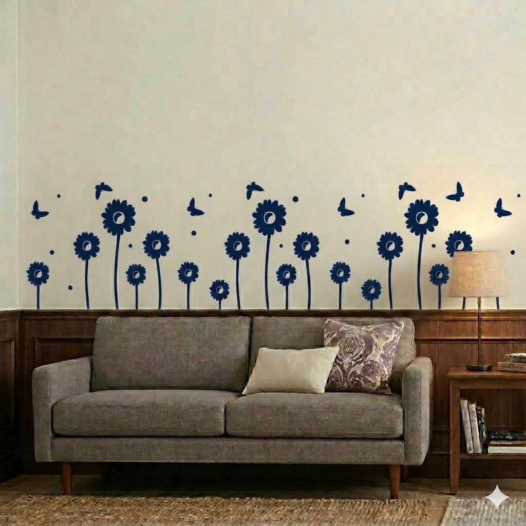 Modern Sunflower Wall Sticker with Flying Butterflies size 20x40