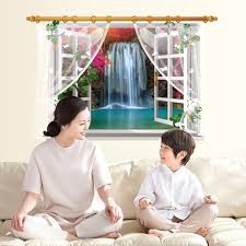 SK9020E 3D Wall stickers Waterfall Window Plant Landscape Home Decoration DIY Vinyl Decal Movie Mural Art