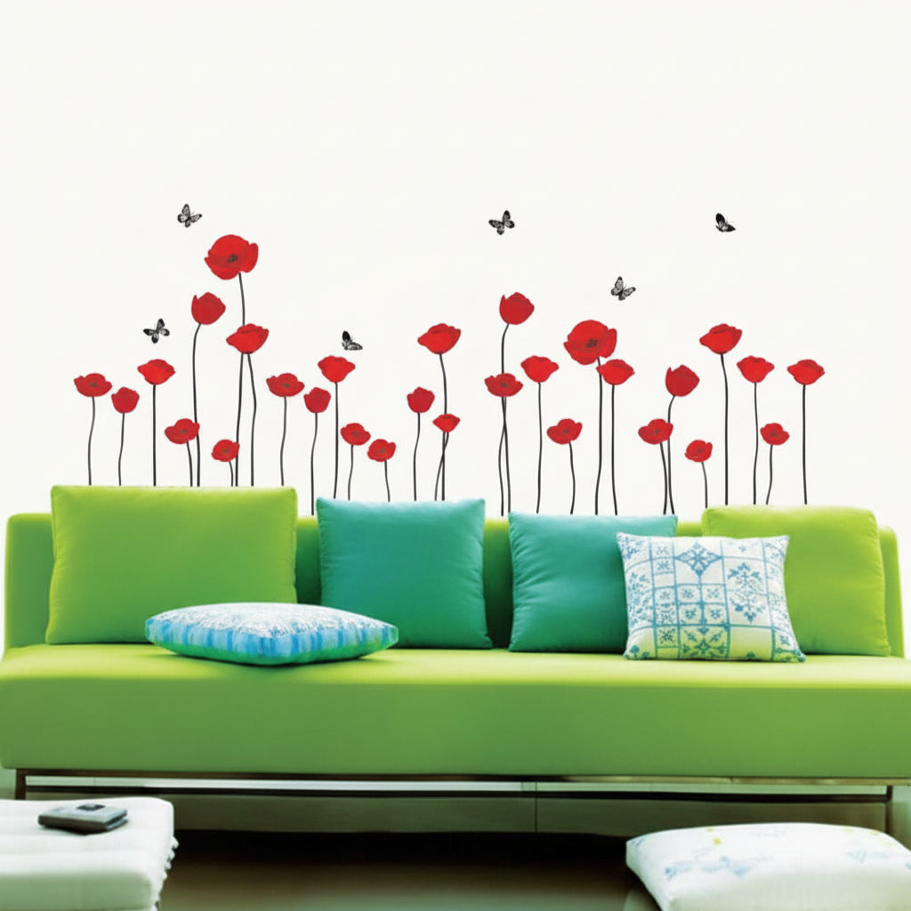 Rote Mohnblumen-Blumen-Niederlassung Blumen Wandtattoo Aufkleber Abziehbilder Wohnkultur Stilvolle moderne Blumen Living Schlafzimmer Dekoration Küche well sticker  size 20x40 cm  Tc976