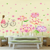 XL8215 cute flowers bicycle girl wall stickers for kids rooms nursery baby bedroom children art wall decals home decorations