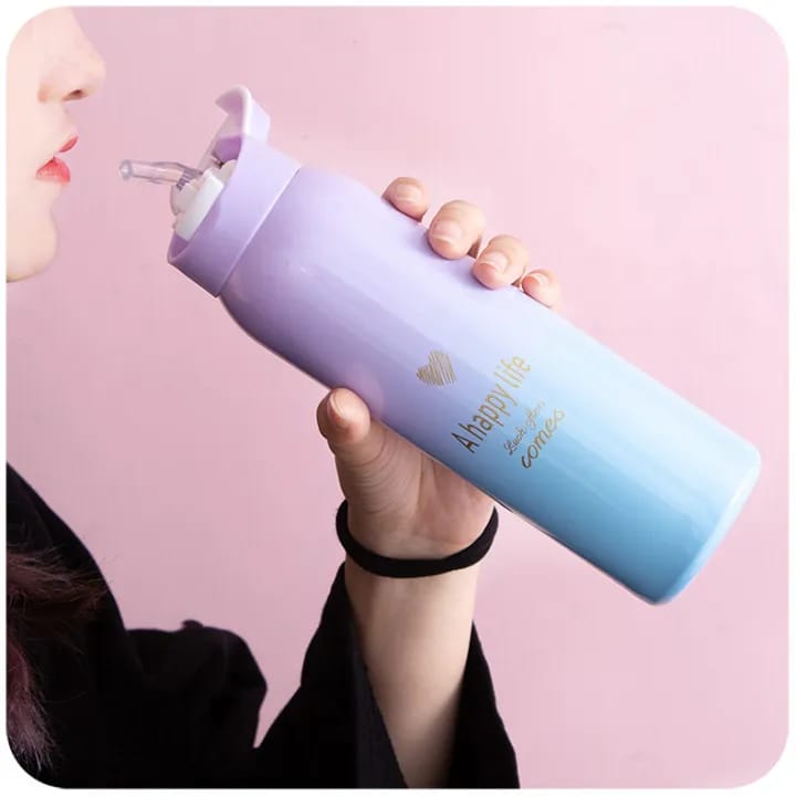 Premium Pastel Ombré Insulated Stainless Steel Water Bottle – 500ml Vacuum Flask with Leak-Proof Flip-Top Lid, Gold Inspirational Lettering, and Double-Wall Thermal Insulation for Hot & Cold Drinks
