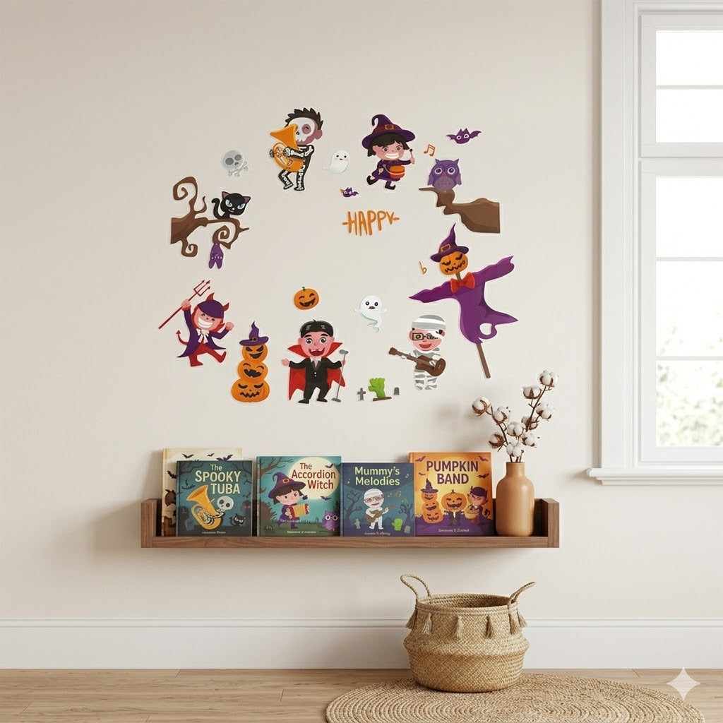 Cute Halloween Characters Wall Sticker Set – Spooky Music Band Kids Room Decor 30x45cm 4 pieces aq6002