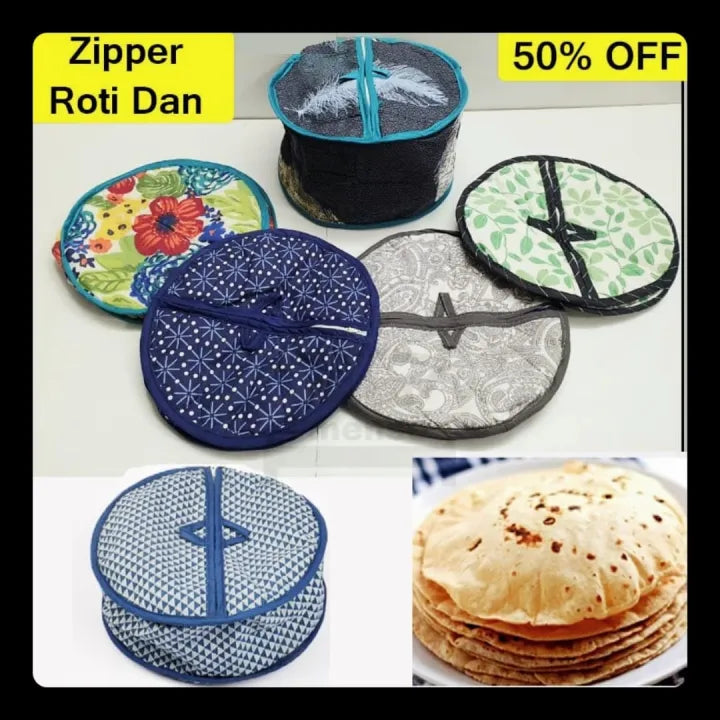 Insulated Large Cotton Roti Cover with Zipper & Handle, Thermal Chapati Storage Bag for Roti, Paratha & Naan