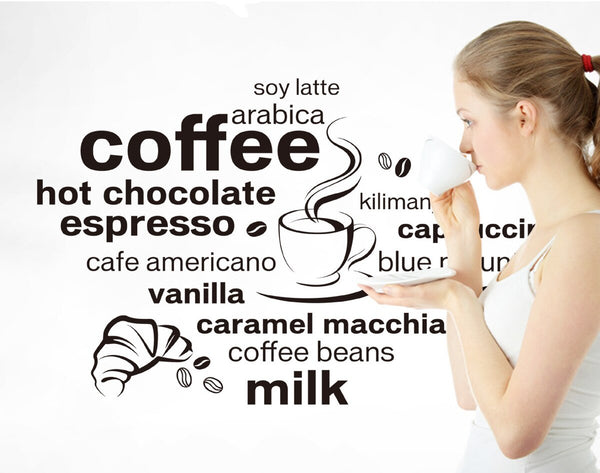 JM7323 English proverbs coffee wall stickers Vinyl DIY Coffee language wall decals For Cafe kitchen restaurant decoration Art