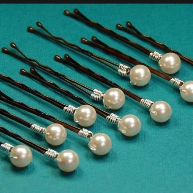 6 Piece hair bob pins with white beads and silver wire