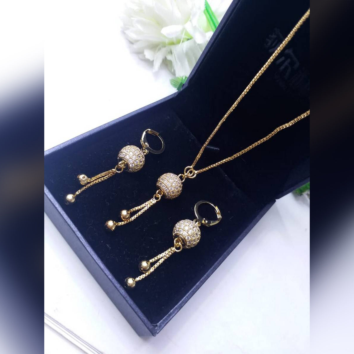 Zircon style jewellery combo set round shape with white stones Pendant ball necklaces with beautifull Earring