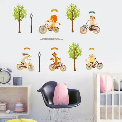 Ampire 120 cm Wall Stickers Cartoon Animal Kids Room Jungle Bicycle Ride Self Adhesive Sticker