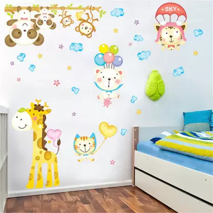 Cute Bear Monkey Giraffe Animal Under Sky Decals For Kids Room  Wall Sticker Abc1010