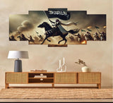 Islamic Warrior Canvas Wall Art – Set of 5 Panels (16x40 inches) | Wooden Sticky Tile Frames with Double Tape