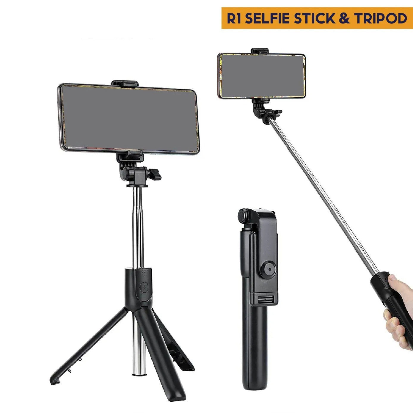 R1 3-in-1 Bluetooth Selfie Stick & Portable Tripod Stand with Detachable Remote | 360° Rotation & Extendable Pole for iPhone & Android