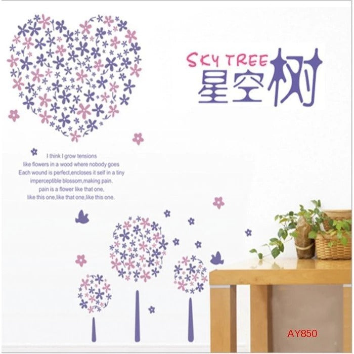 Lavender Flower Wall Sticker Dinding Motif Love  Purple heart decal Size:60x90 Lm8007