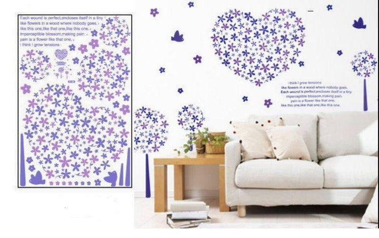 Lavender Flower Wall Sticker Dinding Motif Love  Purple heart decal Size:60x90 Lm8007
