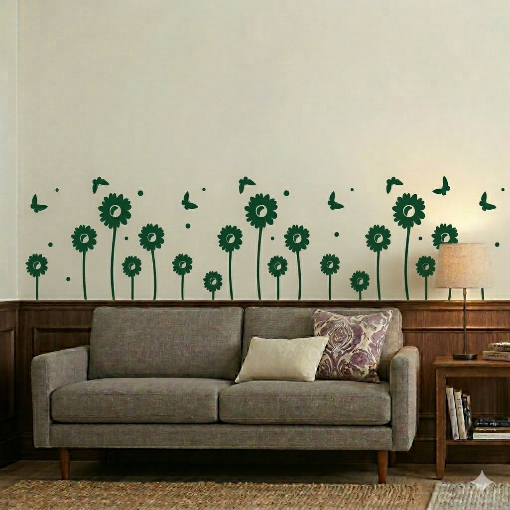 Modern Sunflower Wall Sticker with Flying Butterflies size 22x45
