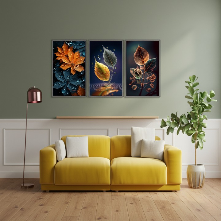 3-Piece Autumn Leaf Wall Art Frames – Decorative 8x11 Inch Modern Home Decor Set with Double Tape for Easy Wall Mounting