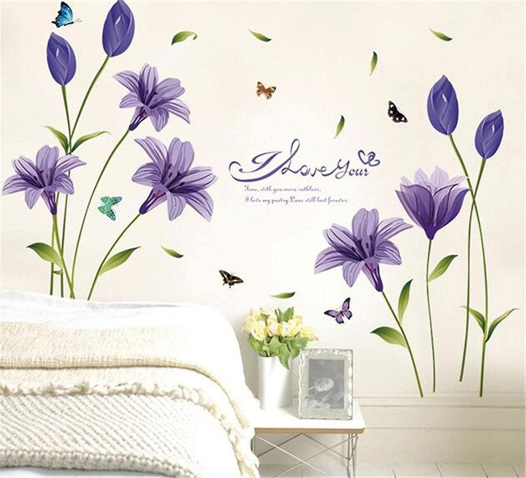 Romantic Lily Flower Butterfly Wall Sticker Living Room Bedroom Wall ay9242