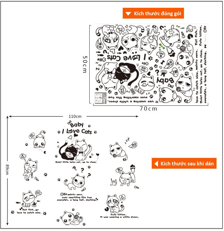 Wall stickers featuring 10 cute and funny cats, made of PVC decal material.size 50x70 xh3646c