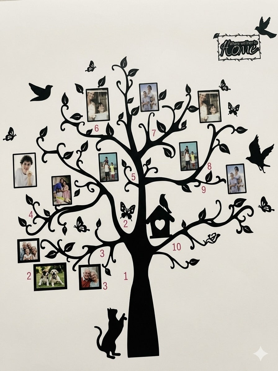 Large Family Tree Wall Sticker with Photo Frames – DIY Black Acrylic/Vinyl Memory Tree Decal with Birds, Butterflies, and Cat for Living Room & Home Decor size 150x90 ncs1034