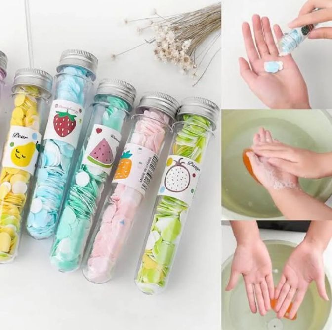 Portable Mini Paper Soap Sheets in Test Tube Bottle – Travel-Friendly Disposable Handwash Sheets for Kids & Adults | Pocket Soap Flakes for School, Office, Outdoor, Camping & Travel
