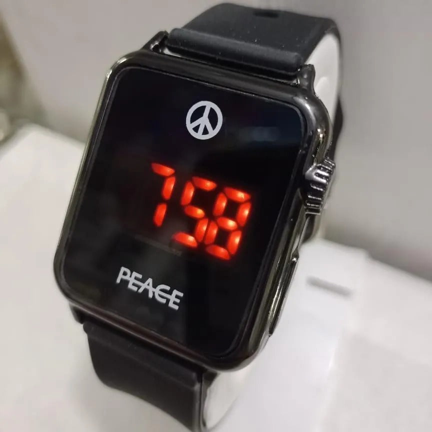 PEACE Minimalist LED Digital Watch – Sleek Noir Aesthetic with Red Glow Display, Premium Silicone Strap & Zen-Inspired Sophistication (131 characters)