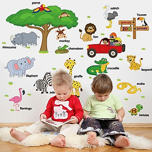 Sk9084 JAAMSO ROYALS Cute Cartoon Tree Animals Zoo English Words ' Wall Sticker (PVC Vinyl, 90 cm X 60 cm, Children's Room Décor Stickers)