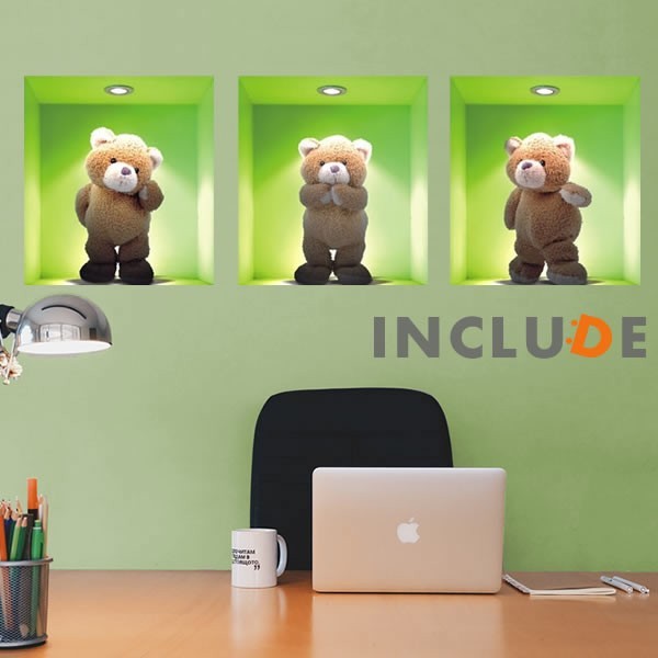 Wall Stickers for 3 Windows - Bear Teddy Dancing Plush Toy - Fluffy Bear - Trick Art - 3D Art - Cute 3 pices z-006