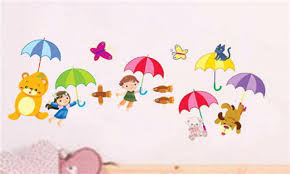 Children's room wall sticker with animals and people on umbrellas size 50x70 xy8011