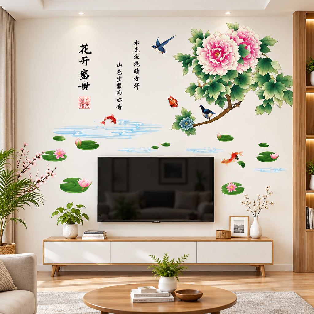 3 PCS Chinese Ink Art Peony Flower Bloosm Wall Stickers Wall Decal DIY for Room Children's Room TV Sofa Background Wall Art Decors ay9250 size 60x90 chines sticker