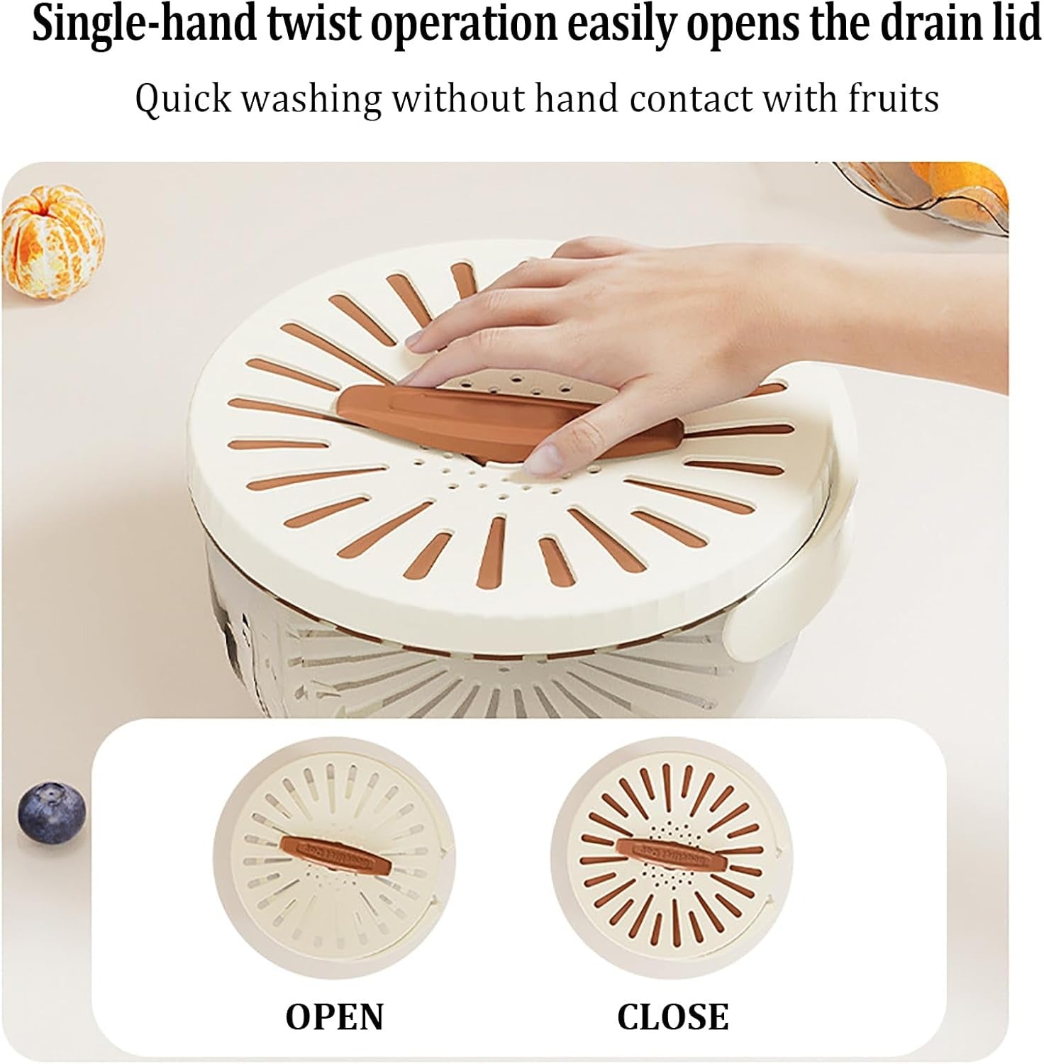 Kitchen Fruit Drainage Basket with Lid – Multi functional Dual-Layer Bowl for Washing, Draining &amp; Storing Fruits and Vegetables, Foldable Handle Design, White