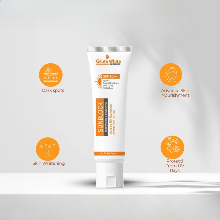 GlutaWhite Skin Brightening Sunblock SPF60 – Advanced UVA/UVB Protection, Oil-Free &amp; Long-Lasting Moisture (60gm)