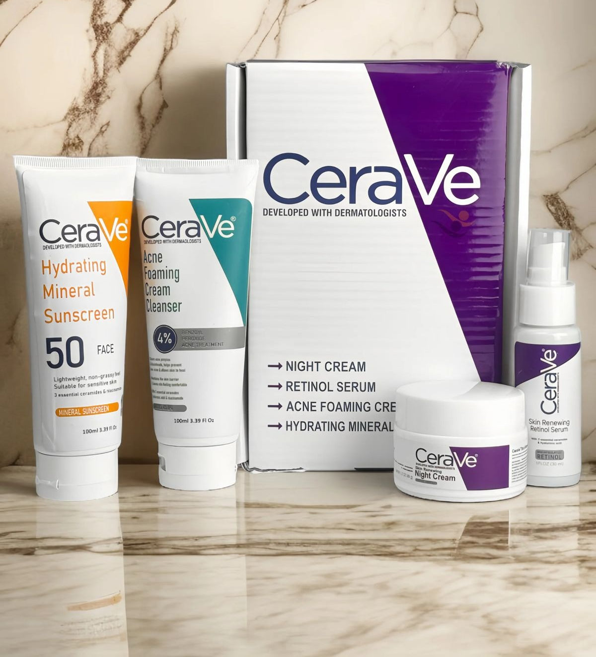 Complete Skin Care Kit – Night Cream, Retinol Serum, Acne Foaming Cleanser &amp; Hydrating Mineral Sunscreen