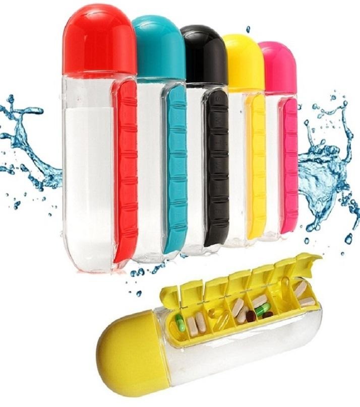 2-in-1 Medicine Organizer with Water Bottle – 7 Days Pill Box, 600ml BPA-Free Drinking Bottle, Removable Cup, Compact Travel Pill Planner for Kids, Adults &amp; Elderly