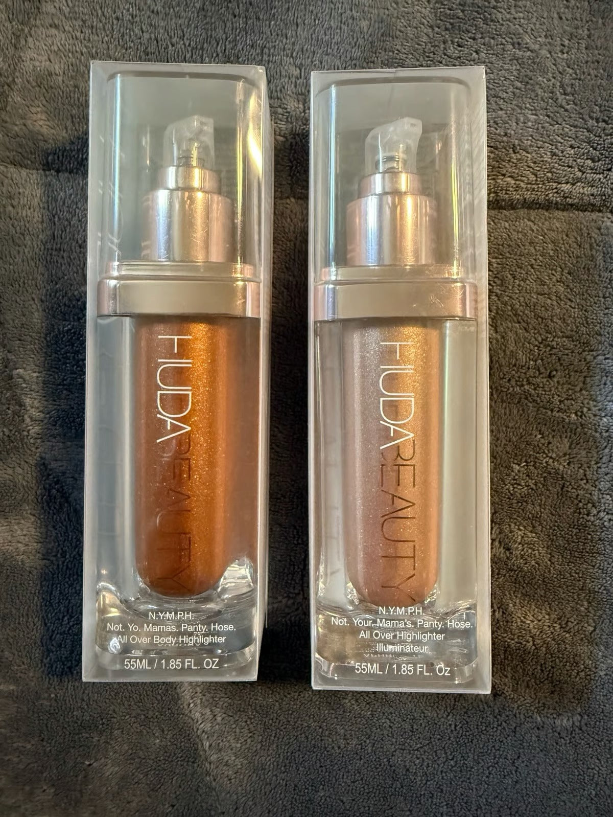 Huda Beauty N.Y.M.P.H. All Over Body Highlighter – Liquid Illuminator for Face, Body &amp; Legs – Water-Based, Long-Lasting Glow – 35 ml