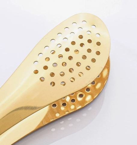 Mini Stainless Steel Food Serving Tong – 6 Inch Strainer Tong with 28-Hole Flat Head for Salad, Ice Cubes, Pastries, Frying &amp; Tea