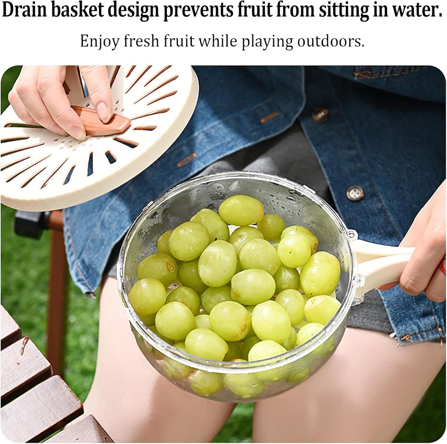 Kitchen Fruit Drainage Basket with Lid – Multi functional Dual-Layer Bowl for Washing, Draining &amp; Storing Fruits and Vegetables, Foldable Handle Design, White