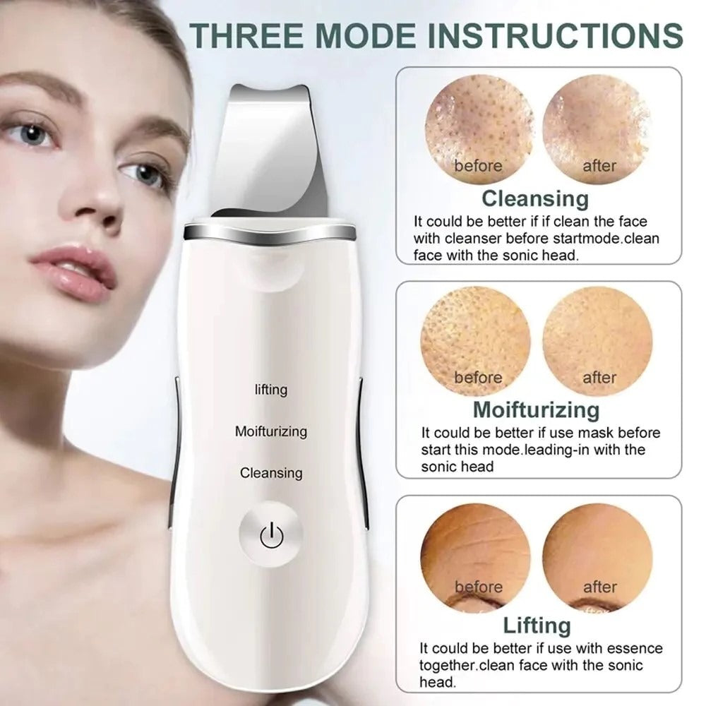 Rechargeable Ultrasonic Skin Scrubber – Deep Cleansing Facial Spatula &amp; Blackhead Remover with Vibration &amp; Peeling Modes