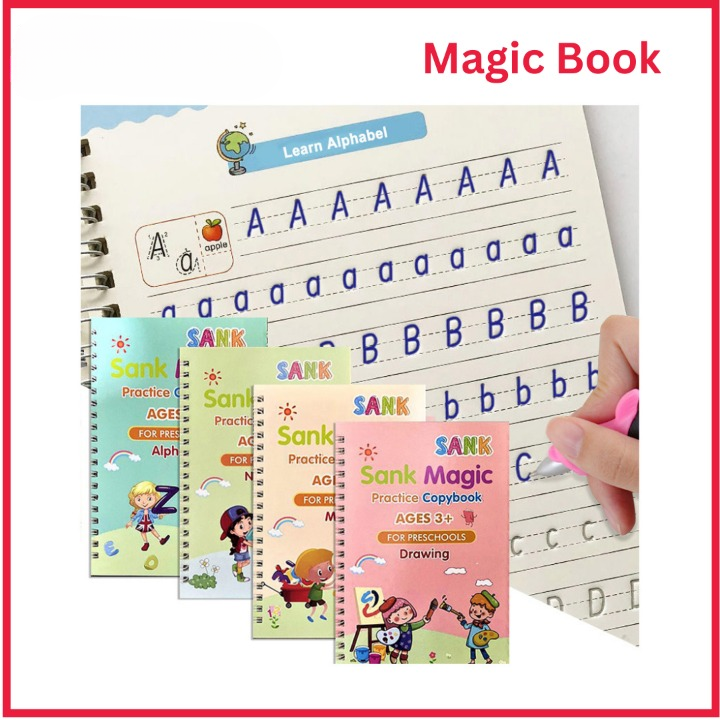 Set of 4 Sank Magic Learning Book with Magic Pen &amp; 5 refills, Practice book For Montessori children Tracing Handwriting