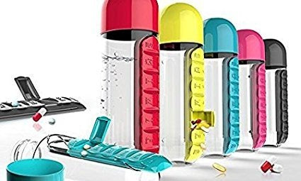 2-in-1 Medicine Organizer with Water Bottle – 7 Days Pill Box, 600ml BPA-Free Drinking Bottle, Removable Cup, Compact Travel Pill Planner for Kids, Adults &amp; Elderly