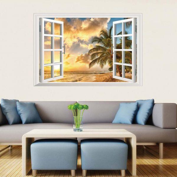 3D wall background wall stickers XL8022B sunset under the beach fake windows wall stickers 3D Sticker