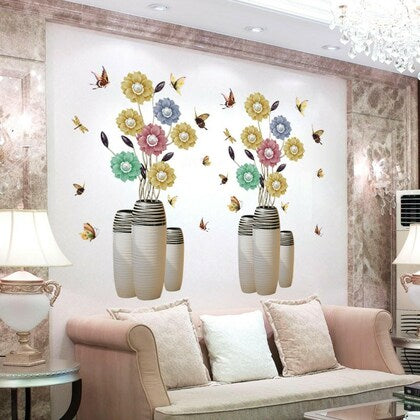 Yellow & Blue Flower Vase Printed Self-Adhesive Removable Wall Sticker