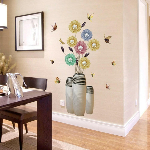 Yellow & Blue Flower Vase Printed Self-Adhesive Removable Wall Sticker