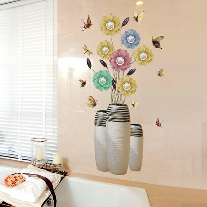 Yellow & Blue Flower Vase Printed Self-Adhesive Removable Wall Sticker