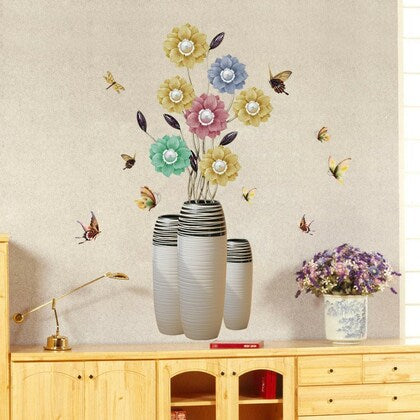 Yellow & Blue Flower Vase Printed Self-Adhesive Removable Wall Sticker
