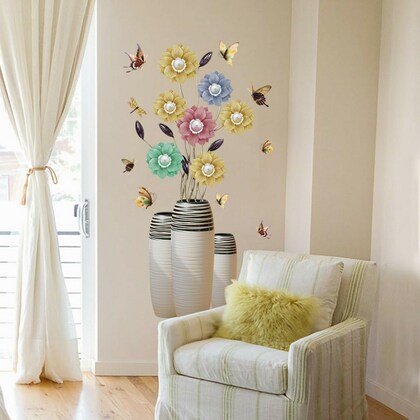 Yellow & Blue Flower Vase Printed Self-Adhesive Removable Wall Sticker